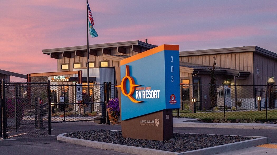 Entrance to RV Resort with clubhouse in the background
